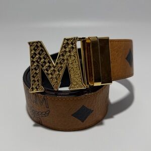 Used MCM Claus Reversible Logo Belt Cognac Visetos Black